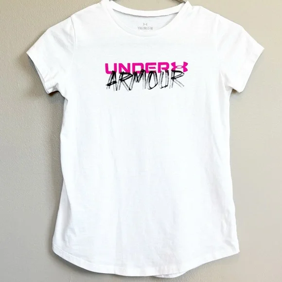 🤍5 for 20$ Under Armour Girls White and Pink Short Sleeve Tee Size Youth Medium - Picture 1 of 8